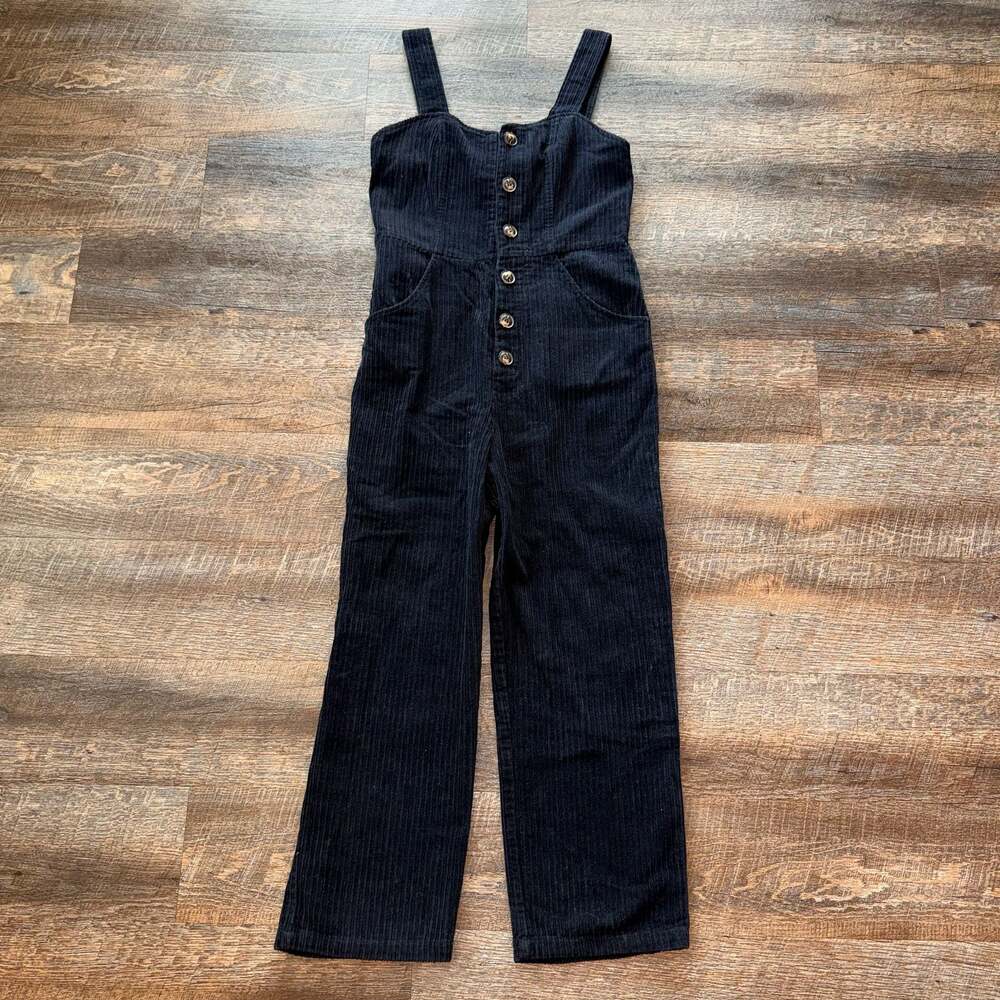 Loveriche Black Corduroy Button-Front Overalls Jumpsuit Size Small